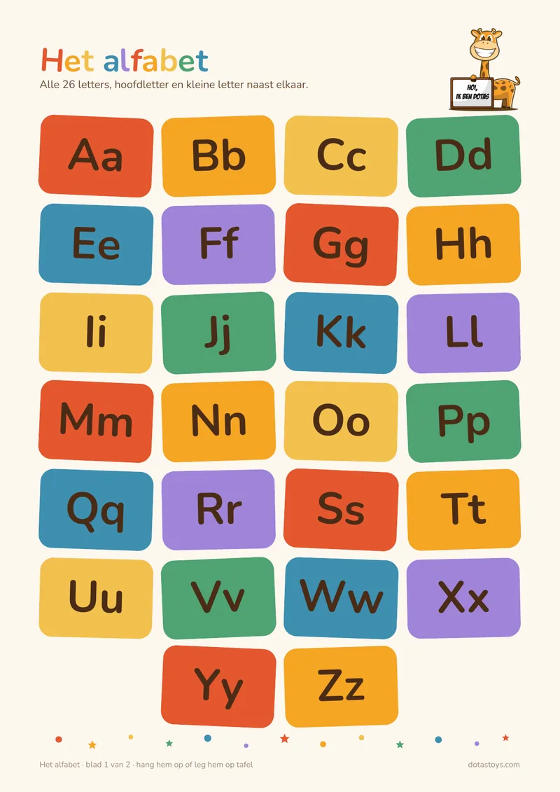 Alfabet met alle 26 letters in gekleurde vakjes, hoofdletter en kleine letter naast elkaar