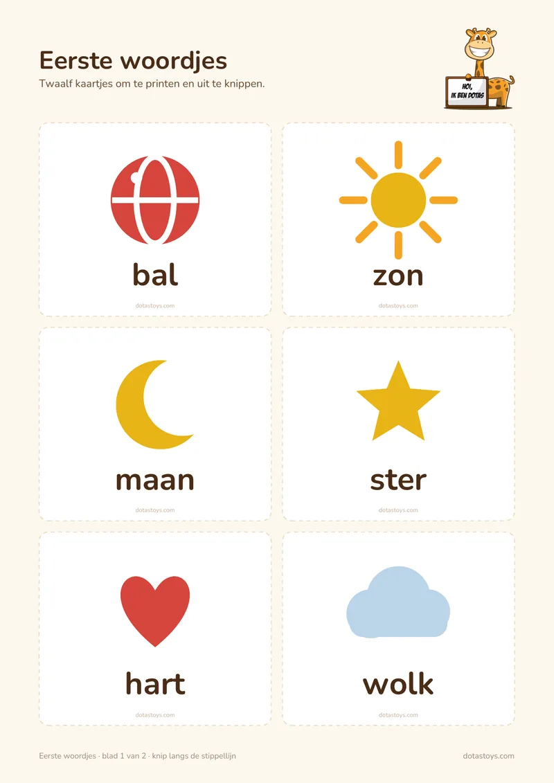 Twaalf woordkaartjes met eenvoudige plaatjes en dikke letters: bal, zon, maan, ster, hart en meer