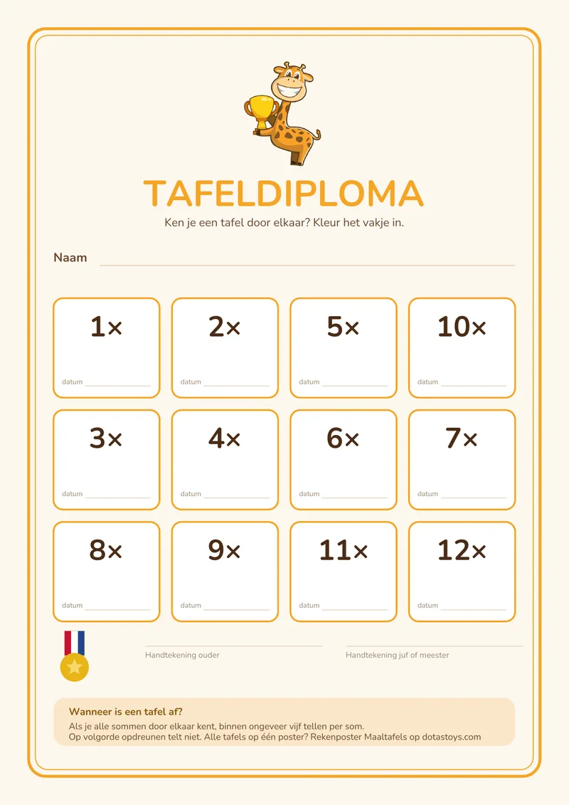 Tafeldiploma met twaalf vakjes om in te kleuren, één voor elke tafel van 1 tot en met 12, met Dotas de Giraffe die een beker omhoog houdt