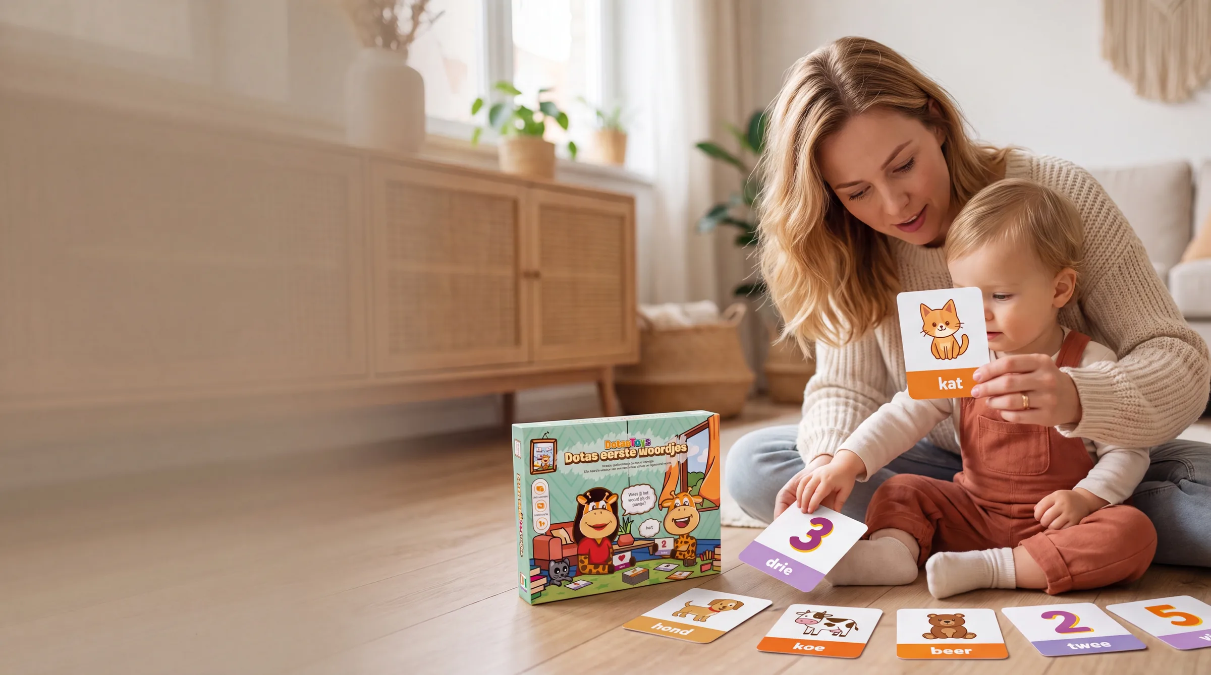 Moeder speelt met haar peuter met de Dotas Eerste Woordjes flashcards