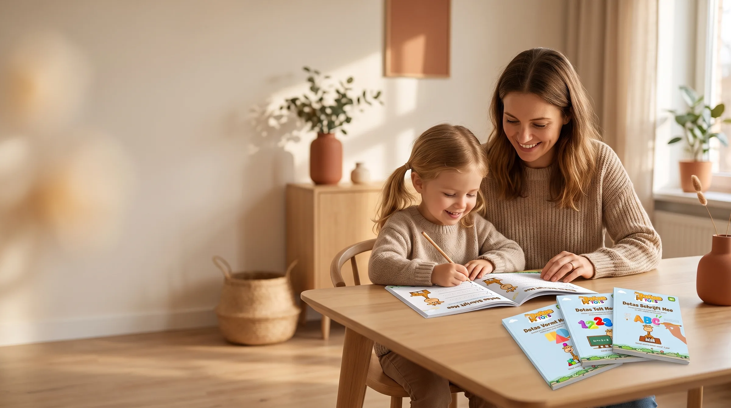 Moeder helpt haar dochter met schrijven in de Dotas Schrijfbundel, met de drie werkboeken voor vormen, tellen en het alfabet op tafel