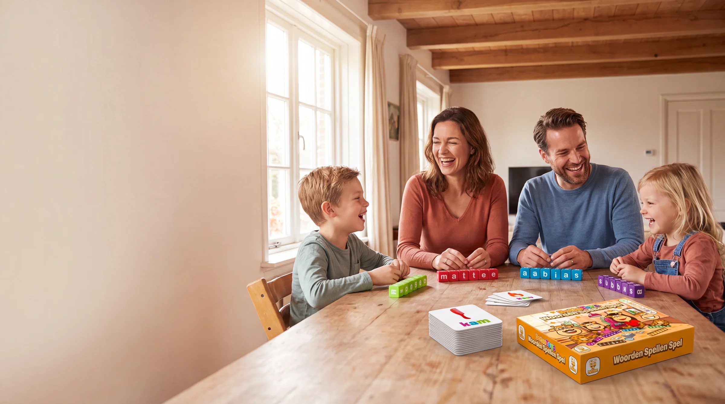 Gezin speelt samen het DotasToys Woorden Spellen Spel aan de eettafel