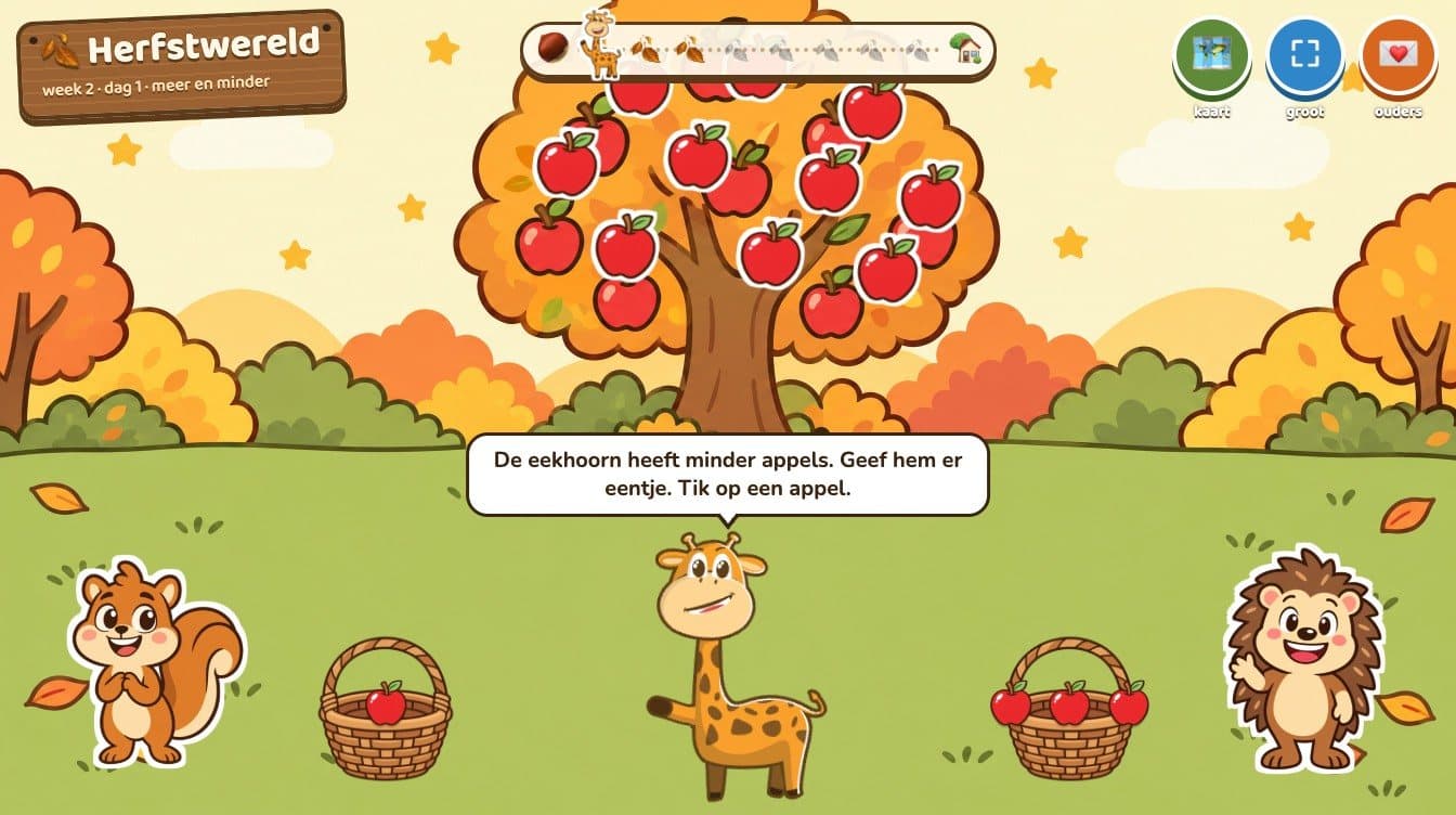 Dotas asks: the squirrel has fewer apples, give him one. Next to him, the squirrel and the hedgehog with their baskets