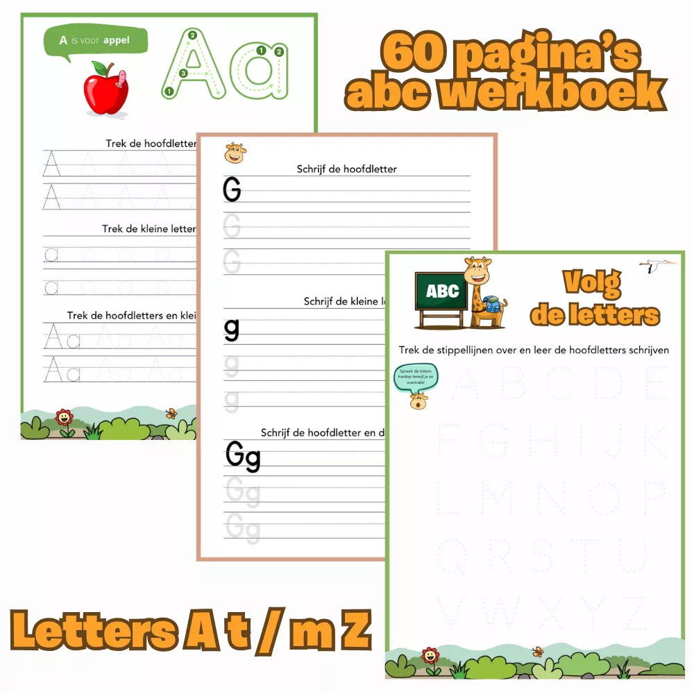 Collage van DotasToys ABC werkboek met 60 pagina’s om letters A t/m Z te oefenen: hoofdletters en kleine letters trekken en schrijven