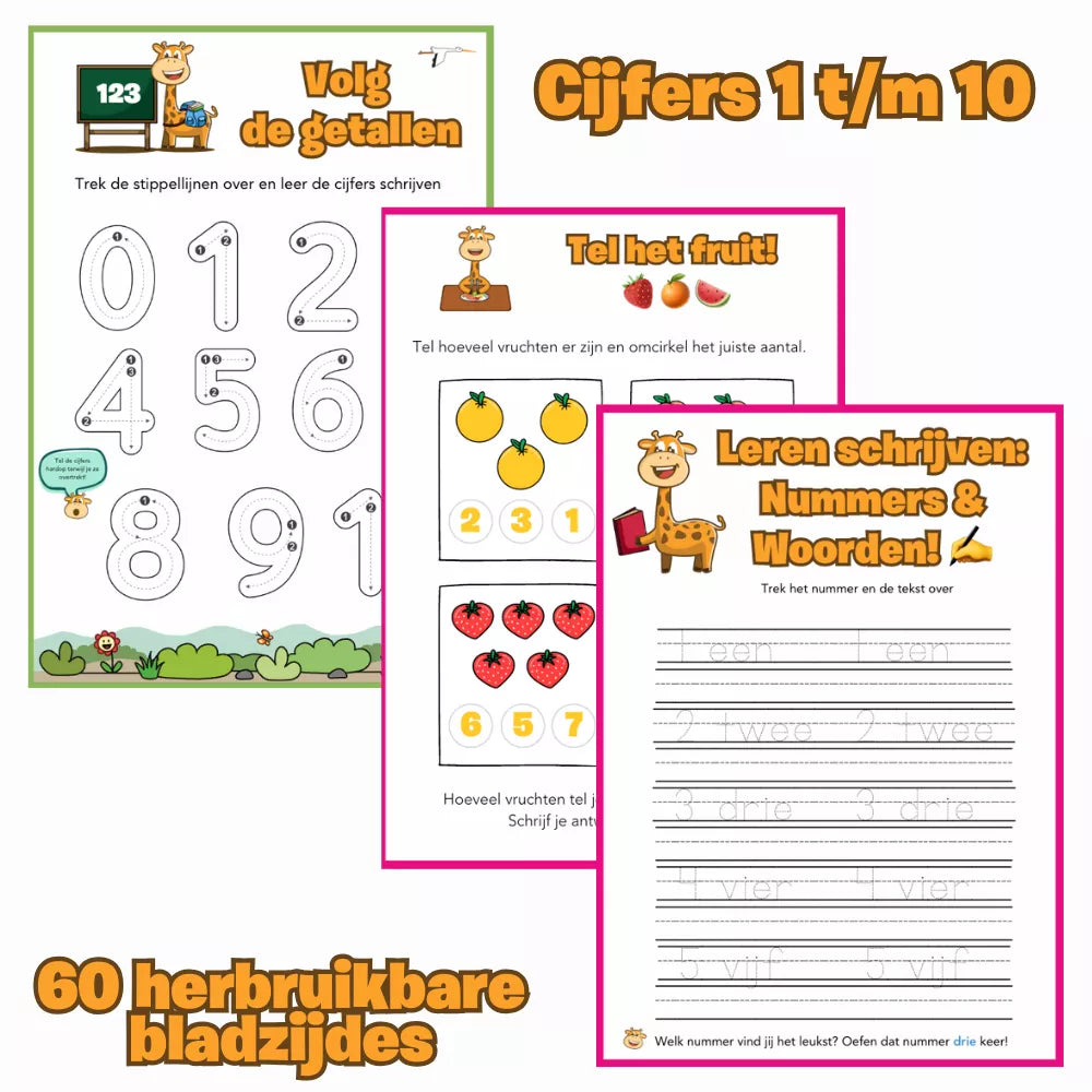 Overzicht van DotasToys werkboek “Cijfers 1 t/m 10” met oefenbladen voor cijfers schrijven, tellen en woorden/nummers overschrijven (60 herbruikbare bladzijdes)
