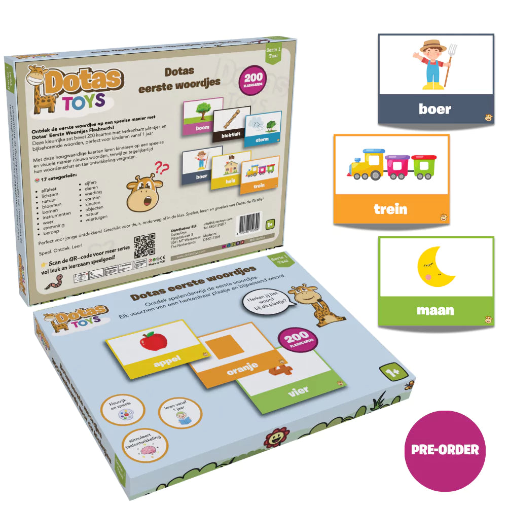 DotasToys Eerste Woordjes flashcards met 200 woordjes, 100 dubbelzijdige kaarten van 13 cm (pre-order)