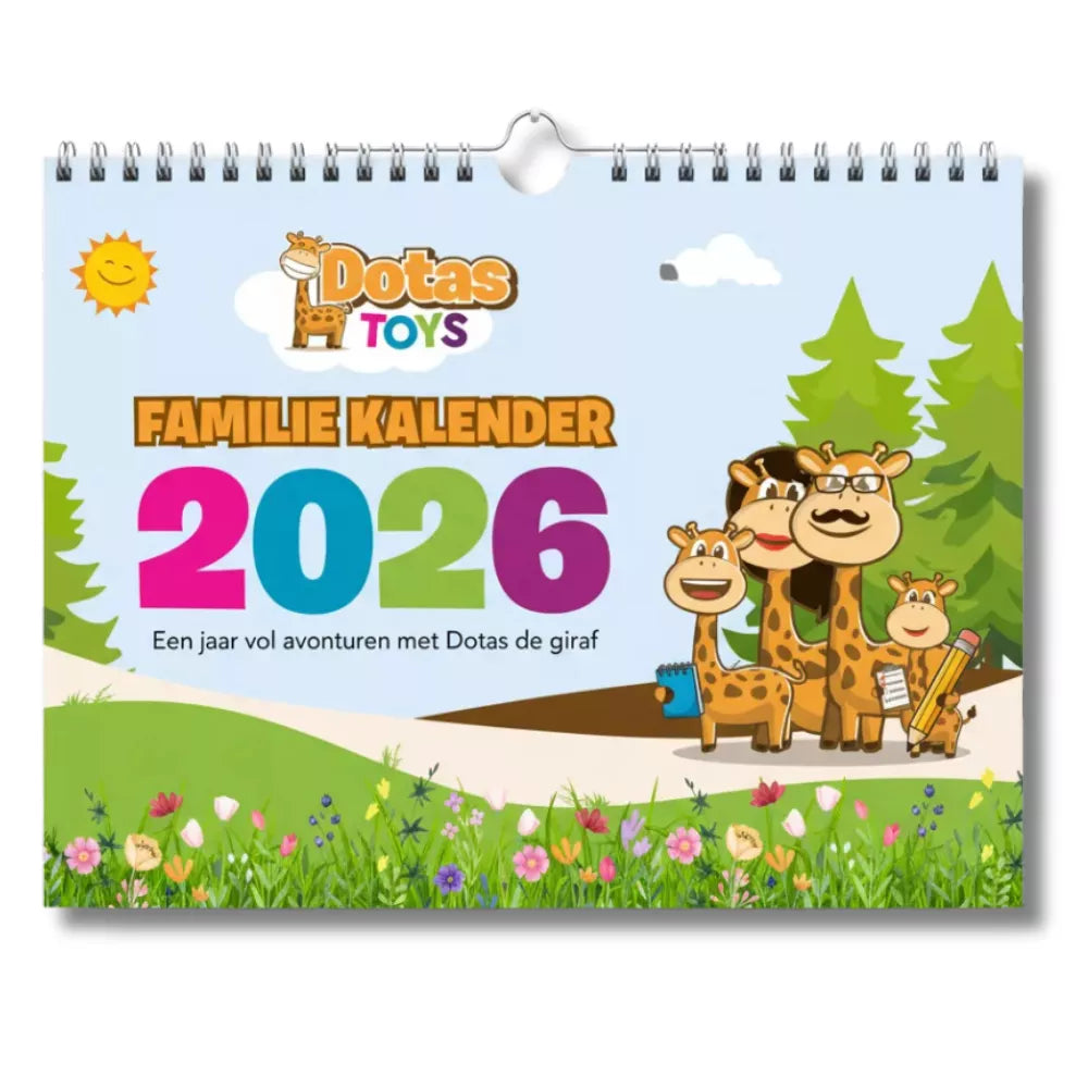 DotasToys Familie Kalender 2026 met Dotas de Giraf, maandplanner voor het gezin