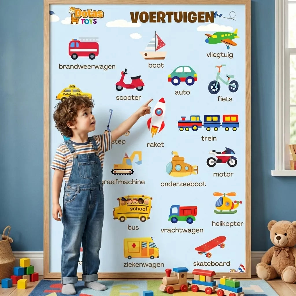 Kind leert voertuigen en woordenschat met DotasToys Voertuigen poster aan de muur