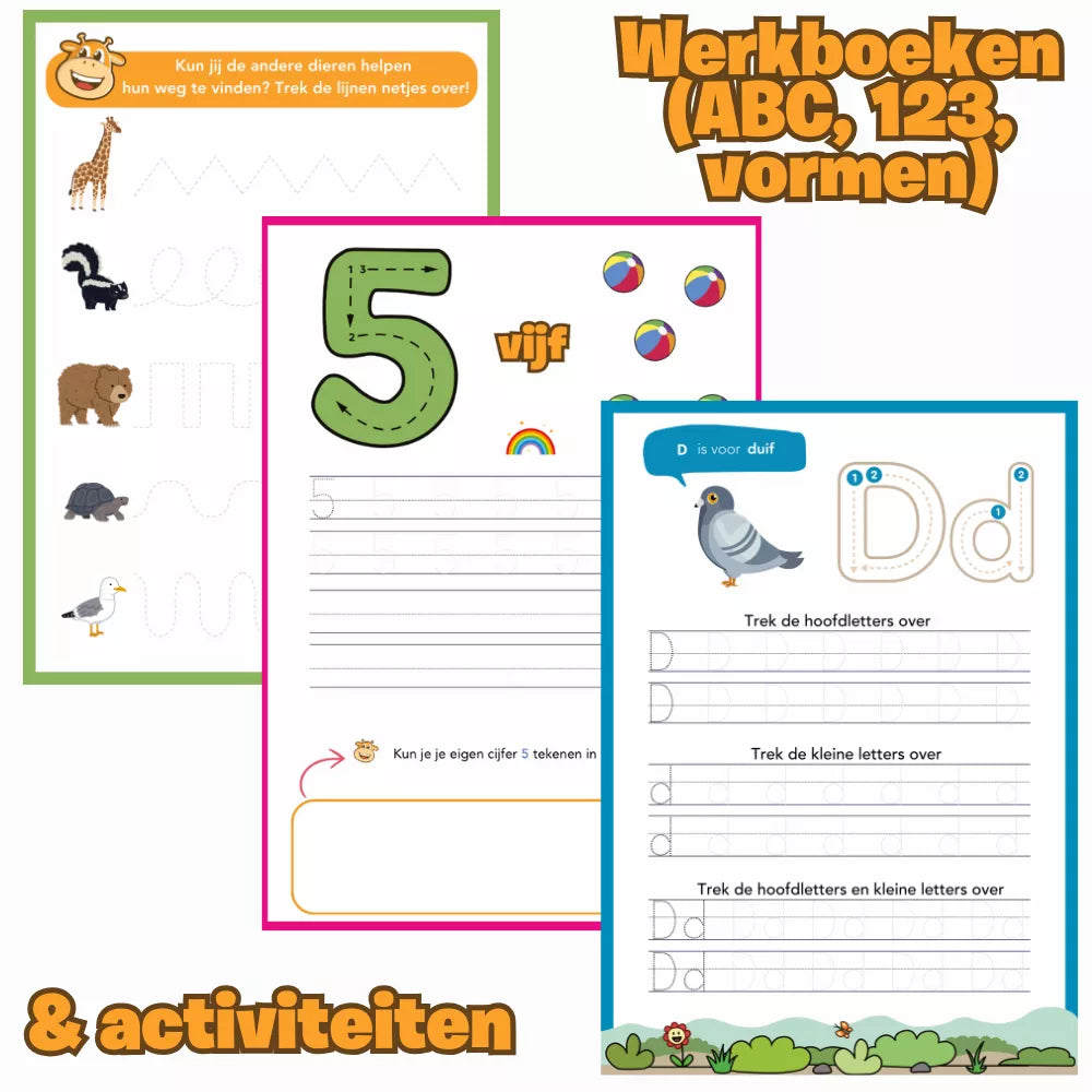 Collage van DotasToys herbruikbare werkboeken met letters (ABC), cijfers (123) en vormen, plus activiteiten zoals lijnen trekken en schrijf-/tekenoefeningen