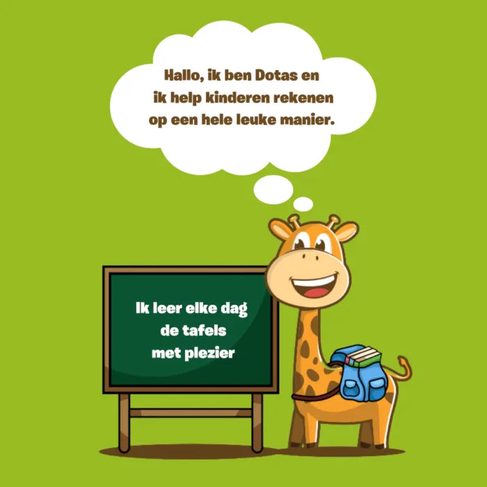 Dotas de giraf helpt kinderen de tafels leren met plezier (DotasToys rekenspel/tafels poster)