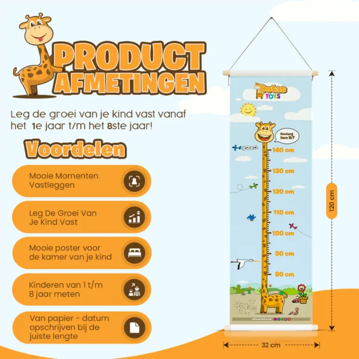 Afmetingen DotasToys groeimeter voor de kinderkamer: 120 × 32 cm, meetbereik 80–140 cm en ruimte voor groeimomenten