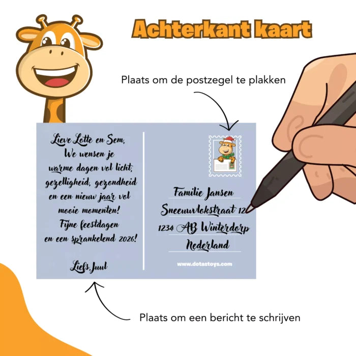 Overzicht van 12 unieke DotasToys kerstkaarten met dierenillustraties van Dotas de giraf
