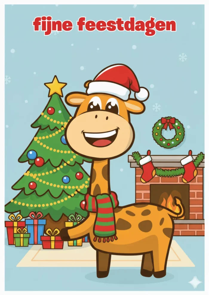 DotasToys kerstkaart “fijne feestdagen” met Dotas de giraf bij de kerstboom en cadeautjes