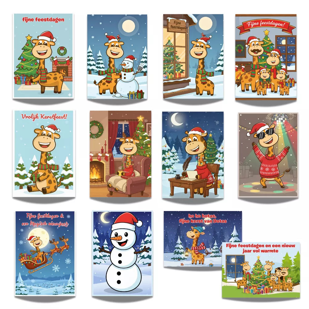 Overzicht van 12 unieke DotasToys kerstkaarten met dierenillustraties van Dotas de giraf