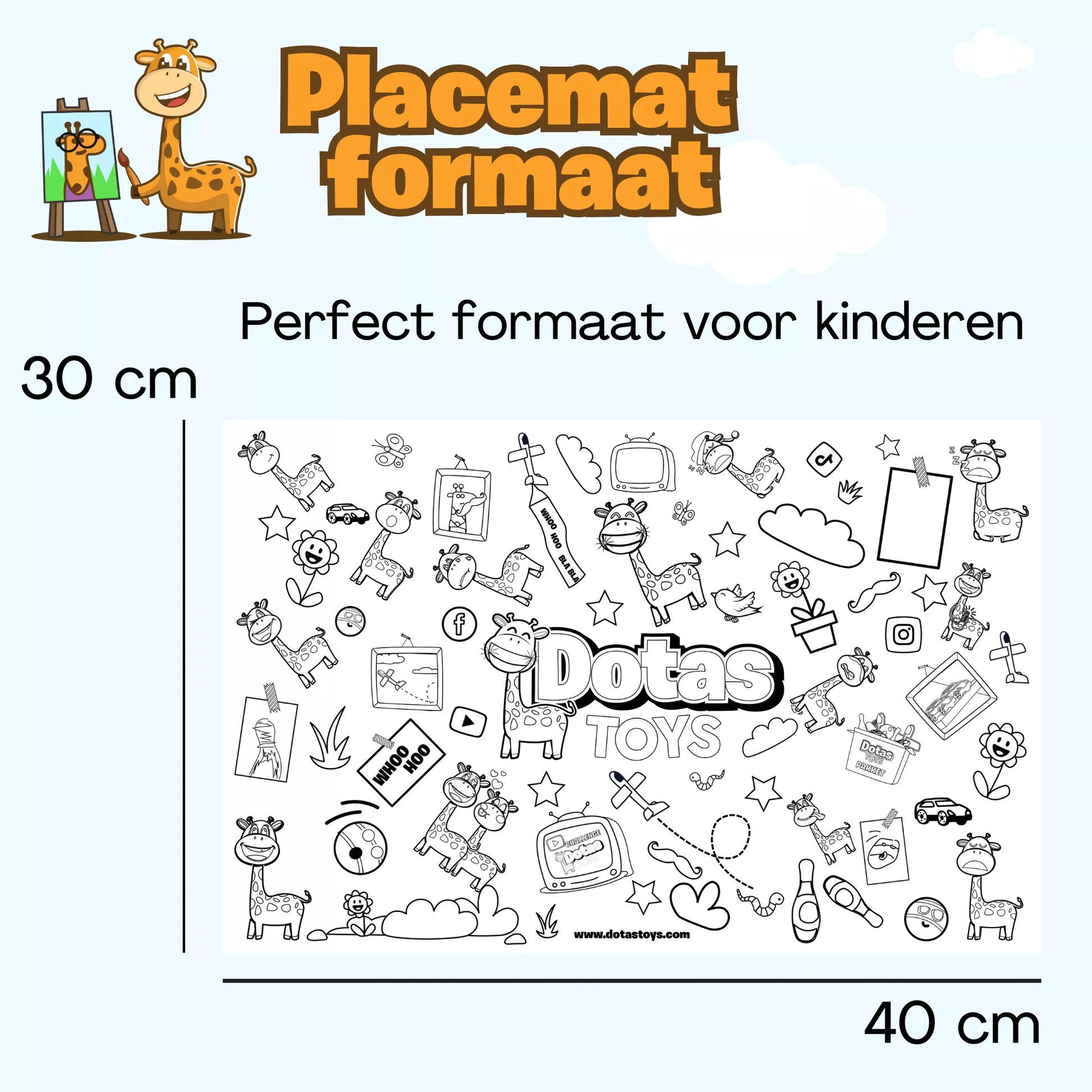 Formaat van de DotasToys herbruikbare kleurplacemat voor kinderen: 30 × 40 cm (siliconen placemat)