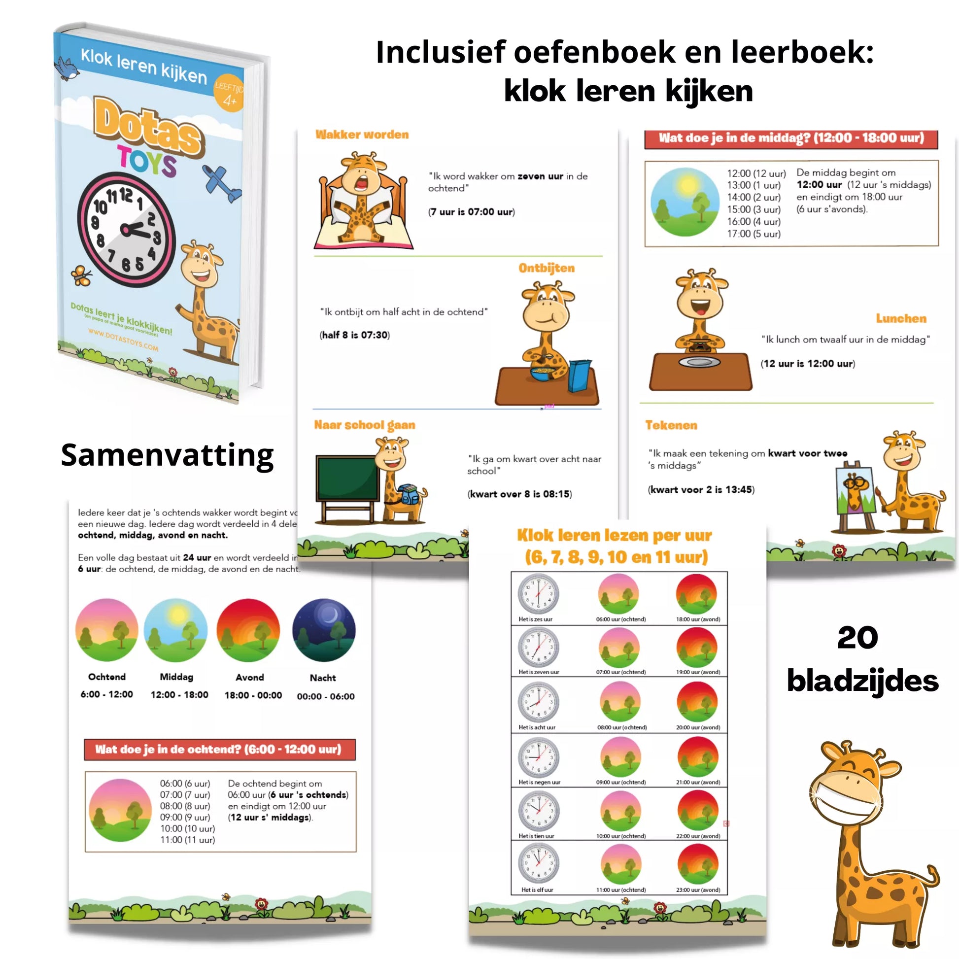 DotasToys oefenboek en leerboek “Klok leren kijken” (20 bladzijden) met uitleg, dagdelen en oefenpagina’s voor kinderen