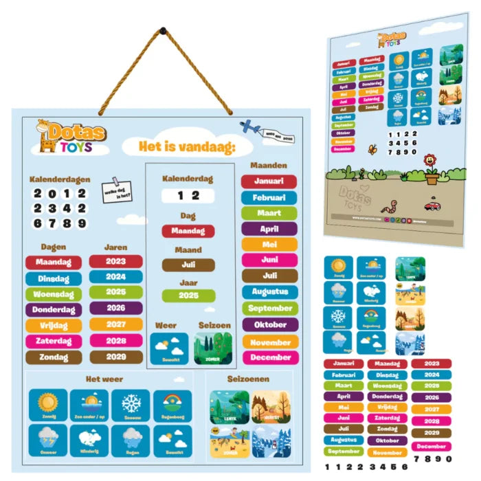 Complete DotasToys magnetische kalender set met magneetbord en magneten voor dagen, maanden, jaren, weer en seizoenen