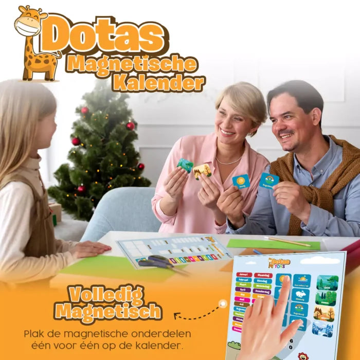 Ouders en kind spelen met de DotasToys magnetische kalender; educatief leren over tijd, weer en seizoenen met magneten.