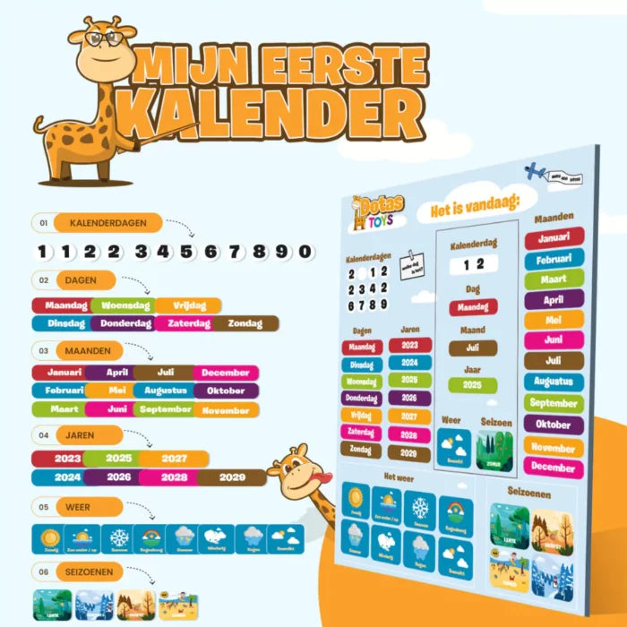 Complete DotasToys magnetische kalender set met magneetbord en magneten voor dagen, maanden, jaren, weer en seizoenen