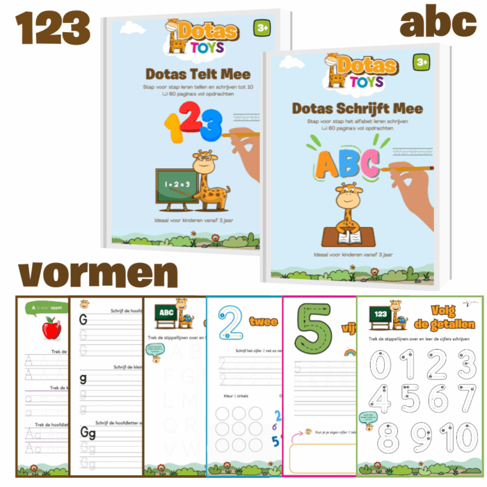 DotasToys schrijfoefenboeken set 3+ met 3 werkboeken (vormen, tellen, schrijven) en 180 bladzijden