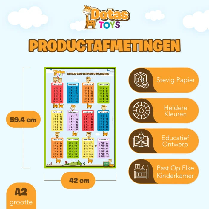 Productafmetingen DotasToys tafels van vermenigvuldiging poster A2 (42 × 59,4 cm) met heldere kleuren en educatief ontwerp