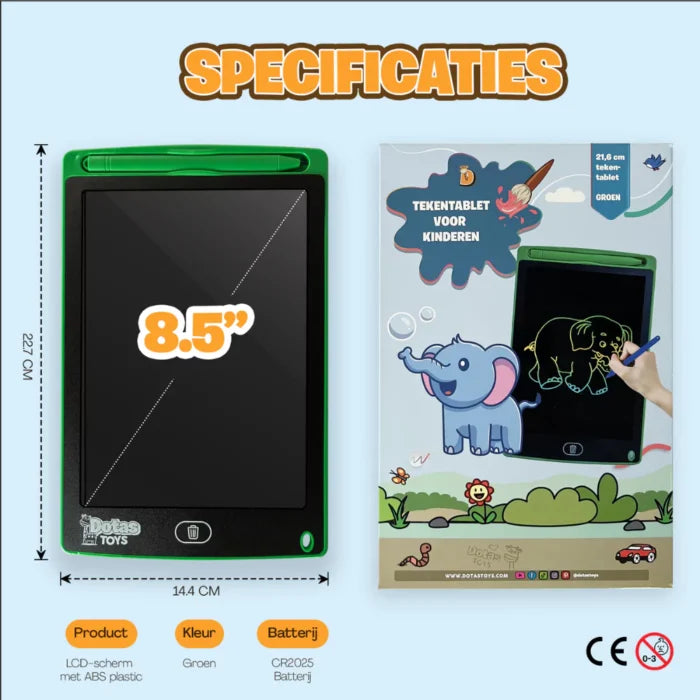 Specificaties DotasToys tekentablet voor kinderen 8,5 inch (groen): LCD scherm, afmetingen en batterij CR2025