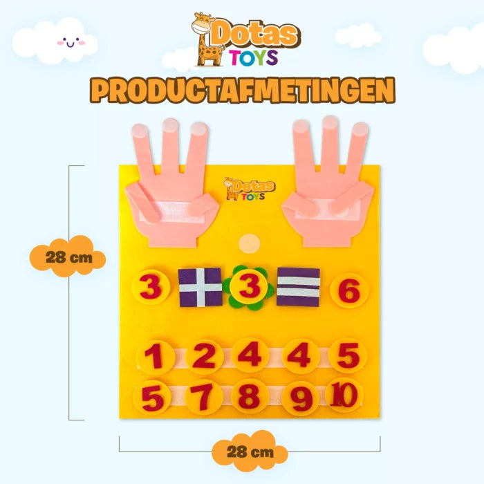 Afmetingen DotasToys telvingers rekenbord van vilt: 28 × 28 cm (voelbaar telbord)