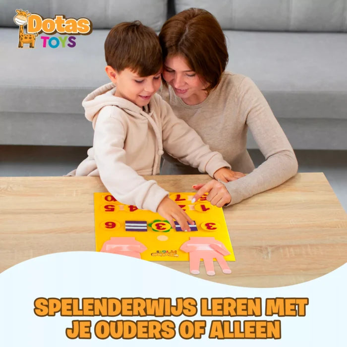 Ouder en kind oefenen spelenderwijs rekenen met het DotasToys telvingers rekenbord