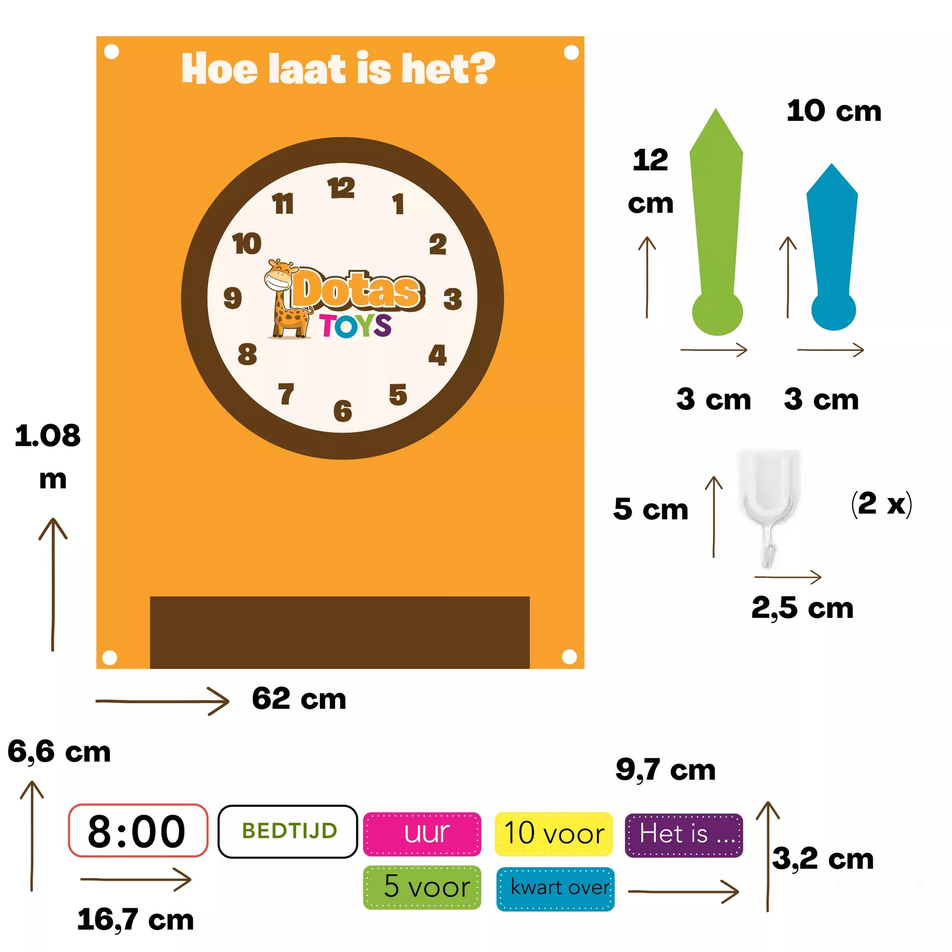 Afmetingen en onderdelen van de DotasToys viltenklok oefenklok (108×62 cm) met wijzers, ophangsysteem en klittenbandkaartjes