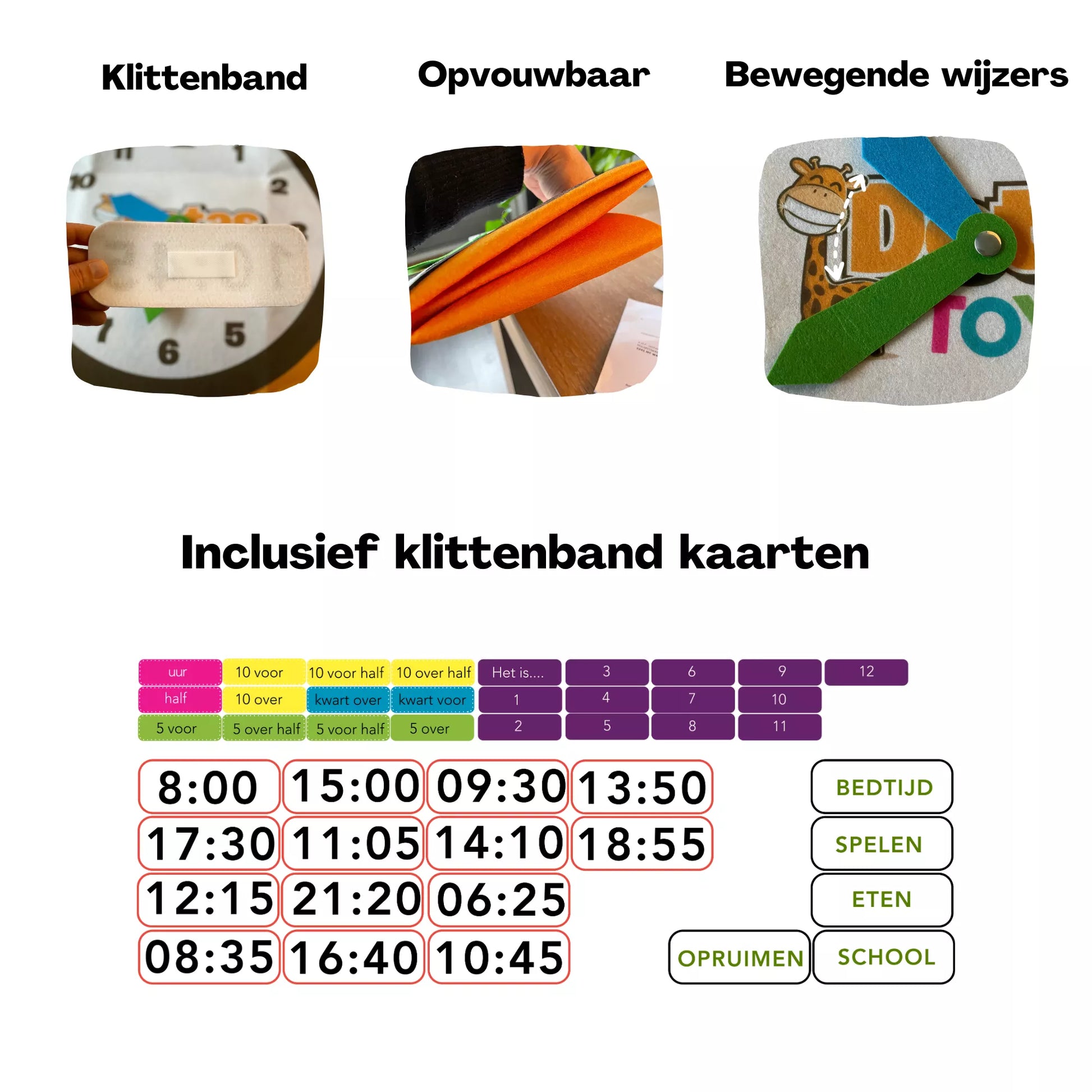 DotasToys vilten oefenklok met klittenband kaarten, opvouwbaar ontwerp en bewegende wijzers (analoog, digitaal en woorden)