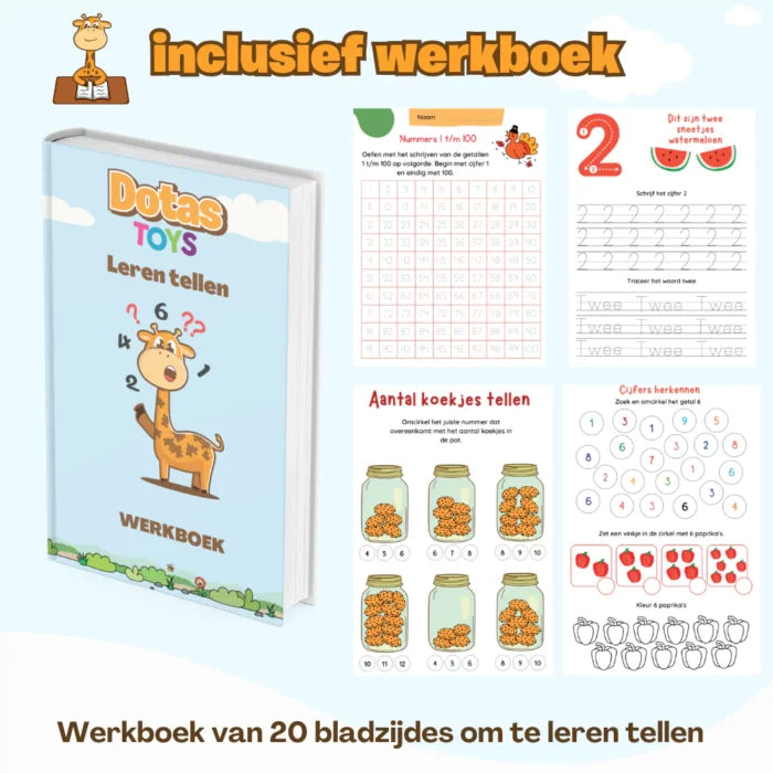 DotasToys werkboek Leren Tellen met 20 bladzijden oefenpagina’s voor kinderen (3–4 jaar)