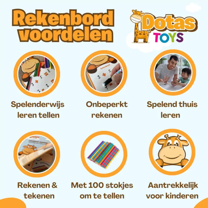 Voordelen van het DotasToys rekenbord: leren tellen, onbeperkt rekenen, rekenen en tekenen, 100 telstokjes, aantrekkelijk voor kinderen