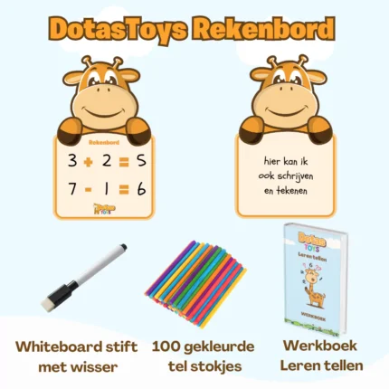Educatief rekenbord van DotasToys met stift, telstokjes en werkboek leren tellen voor kinderen