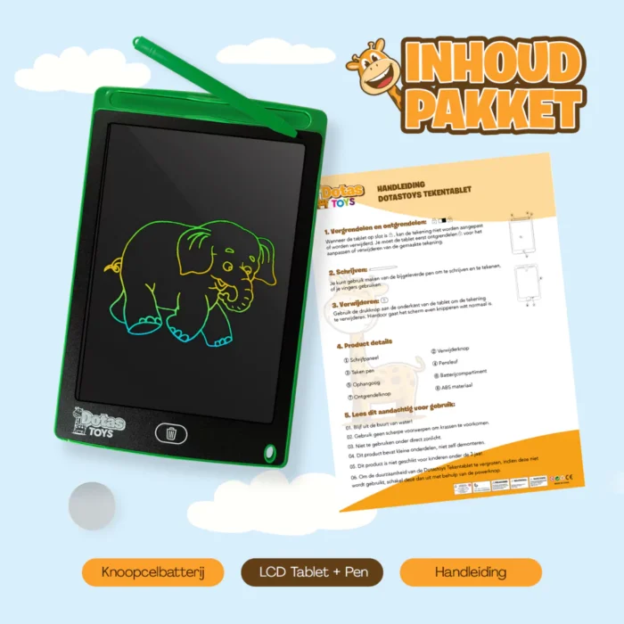 Inhoud pakket DotasToys tekentablet - LCD tablet, pen, handleiding en knoopcelbatterij voor creatief en educatief leren.
