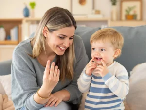 Ouder en kind spelen vingergeheugenspel, kleuter concentreert zich op aantal vingers onthouden