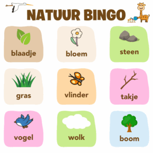 DotasToys natuurbingo kaart met 9 eenvoudige natuurwoorden voor peuters, inclusief Dotas de giraf