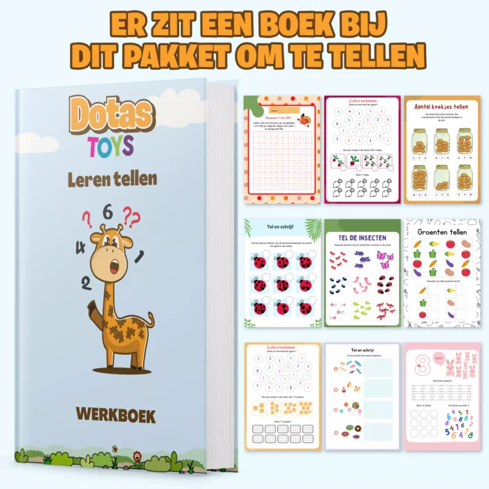 Dotas Toys werkboek ‘Leren Tellen’ met giraffe op de cover en voorbeeldpagina’s met tel­oefeningen: cijfers herkennen in cirkels, tel en schrijf insecten, groenten en koekjes, telkolommen en kleur­en­teken­opdrachten
