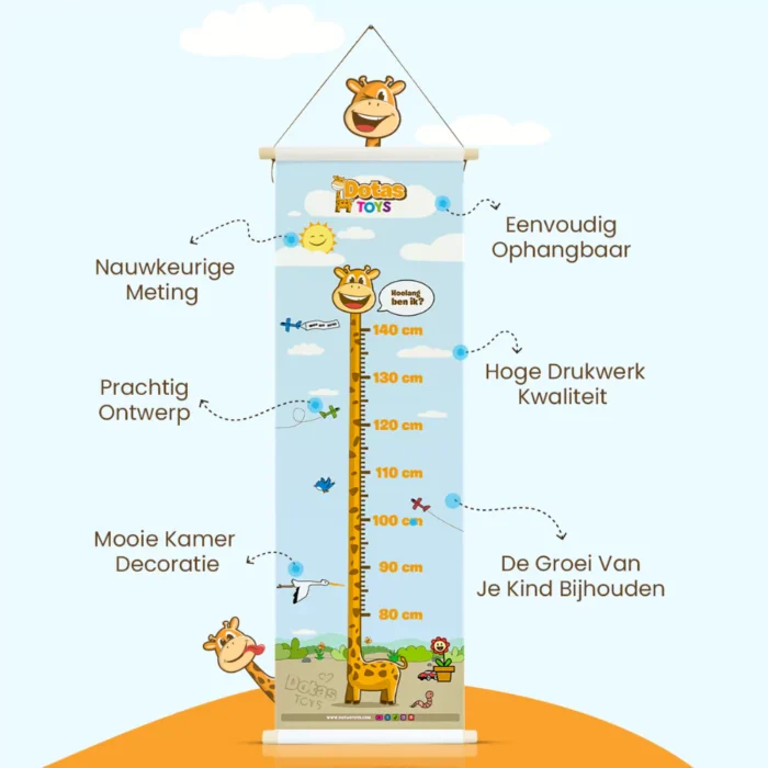 DotasToys Groeimeter met 6 voordelen: nauwkeurige meting, eenvoudig ophangbaar, hoge drukkwaliteit, prachtig ontwerp, mooie kamerdecoratie en groei bijhouden van 80-140cm