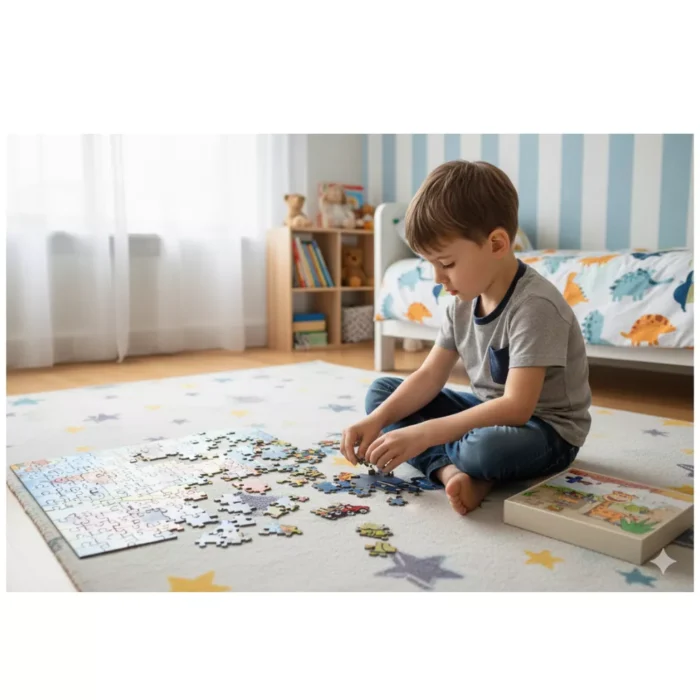 Jongen legt een DotasToys kinderpuzzel van 100 stukjes op een kleed in zijn slaapkamer, naast de puzzeldoos.