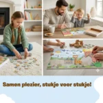 Kinderen en ouder leggen samen de DotasToys kinderpuzzel van 100 stukjes – samen plezier, stukje voor stukje.