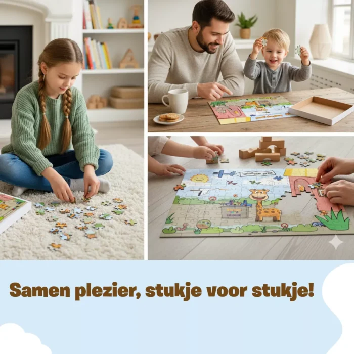 Kinderen en ouder leggen samen de DotasToys kinderpuzzel van 100 stukjes – samen plezier, stukje voor stukje.