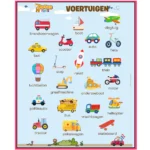 DotasToys educatieve voertuigenposter met 20 verschillende vervoersmiddelen waaronder brandweerwagen, vliegtuig, boot, auto, fiets, trein en helikopter met Nederlandse benamingen