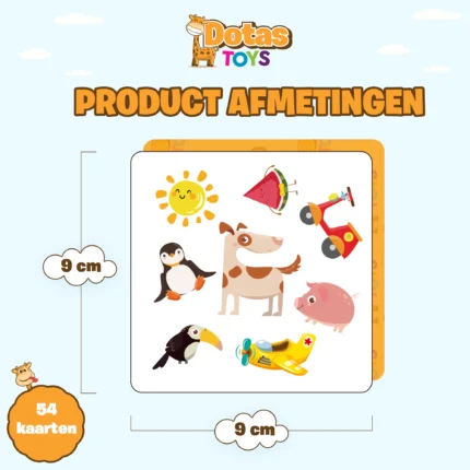 Productafmetingen DotasToys Gekke Omdraai Kaartspel: speelkaarten 9x9 cm, set van 54 kaarten met vrolijke dieren illustraties waaronder pinguïn, hond en toekan