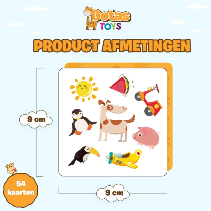 Productafmetingen DotasToys Gekke Omdraai Kaartspel: speelkaarten 9x9 cm, set van 54 kaarten met vrolijke dieren illustraties waaronder pinguïn, hond en toekan