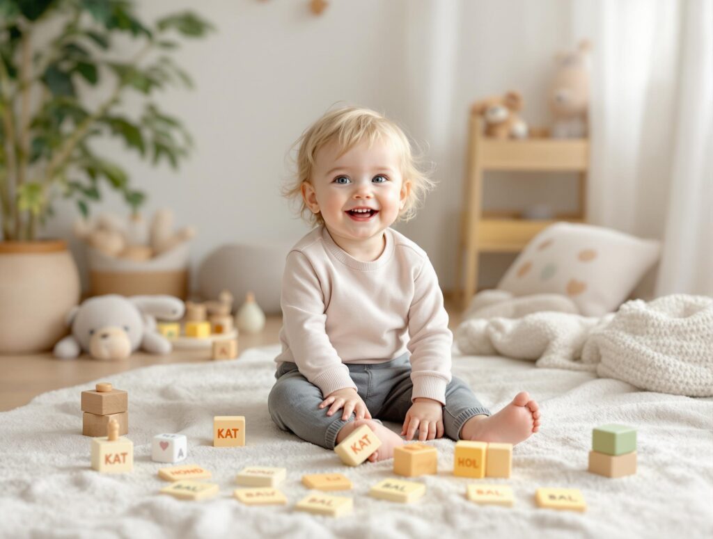 Peuter leert spelenderwijs Nederlandse woorden met educatief speelgoed en letterblokken