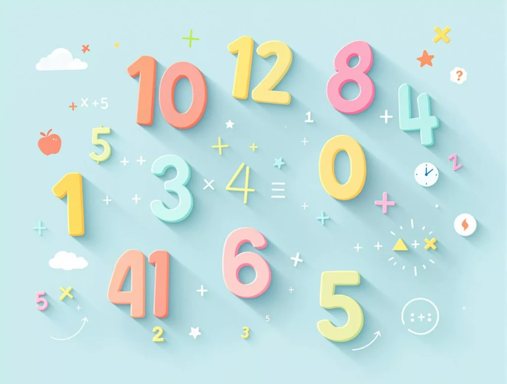 Tafels leren met kleurrijke getallen en rekenkundige symbolen voor kinderen van 6-9 jaar