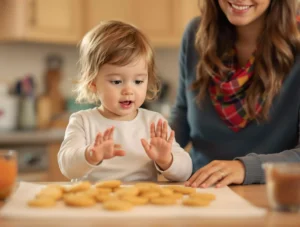 Kind telt koekjes met vingers in de keuken, dagelijks leven vingertellen oefenen