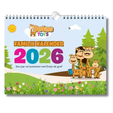 Cover van de DotasToys Familie Kalender 2026 met Dotas de Giraffe en zijn familie, vrolijke gezinsplanner met kleurrijk ontwerp en seizoensillustraties.