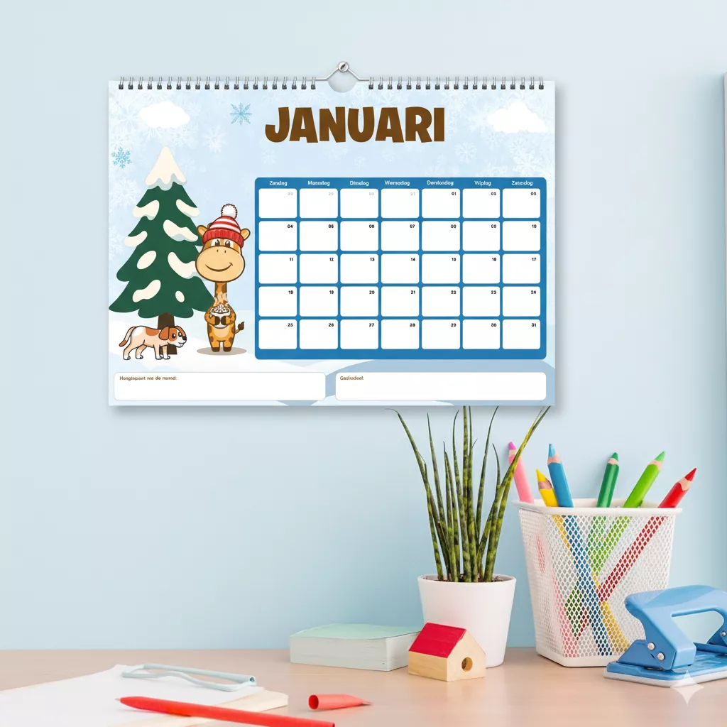 Cover van de DotasToys Familie Kalender 2026 met Dotas de Giraffe en zijn familie, vrolijke gezinsplanner met kleurrijk ontwerp en seizoensillustraties.