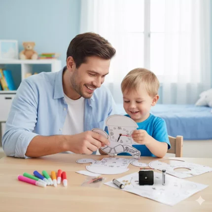 Kind kleurt en maakt zijn eigen Kinderklok Knutselset - educatieve creatieve activiteit voor klokkijken leren